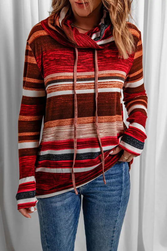 Red Multicolor Cowl Neck Striped Sweatshirt