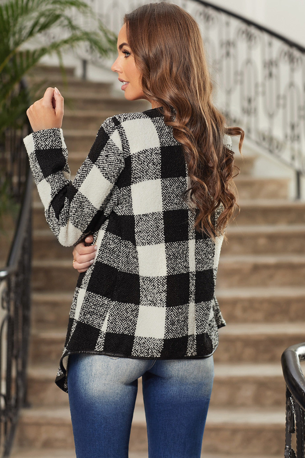 Black Plaid Long Sleeve Asymmetric Collar Open Front Coat