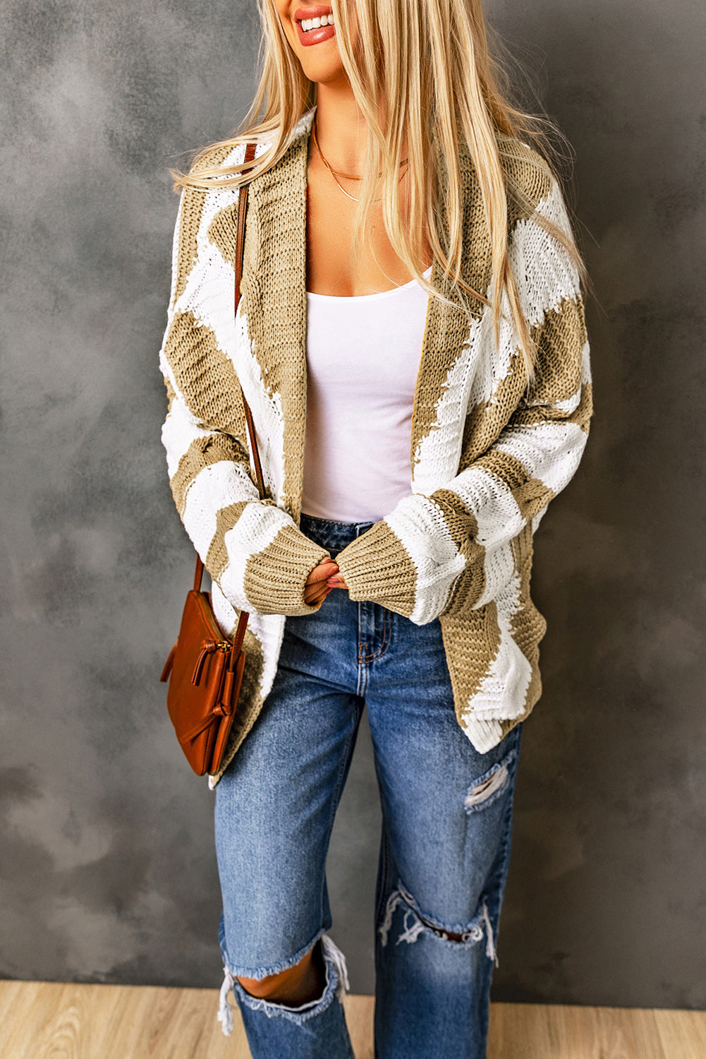 Khaki Color Block Open Front Knitted Cardigan