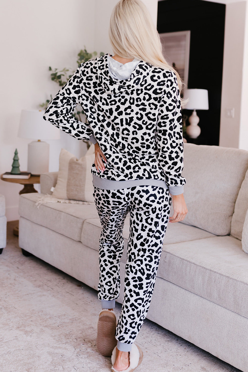 Leopard Print Hooded Top and Slim fit Pants Loungewear The