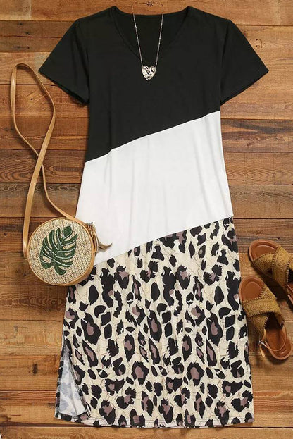 Leopard Color Block Side Slit T Shirt Maxi Dress