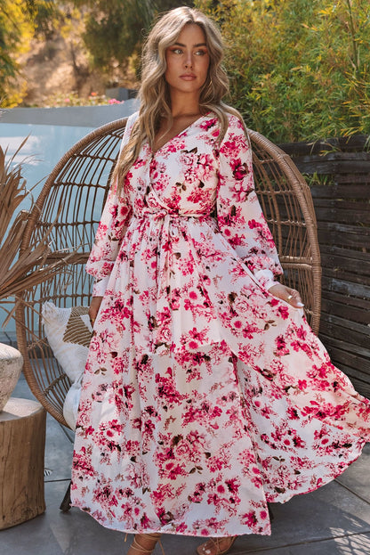 Wrap V Neck Floral Maxi Dress