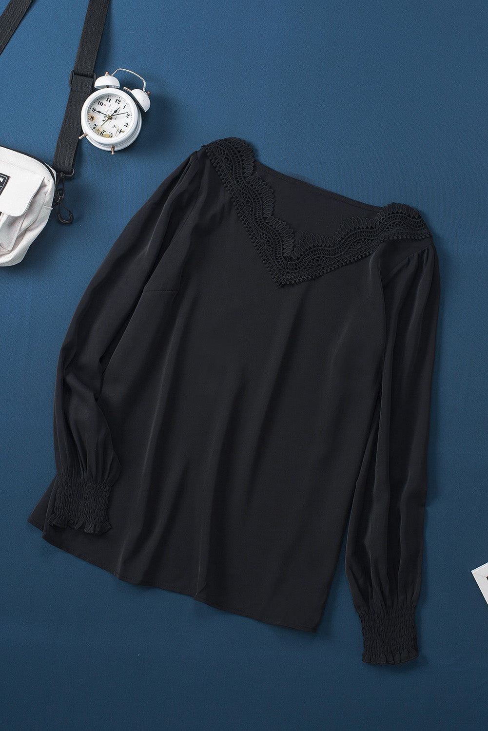 V Neck Lace Patchwork Black Blouse