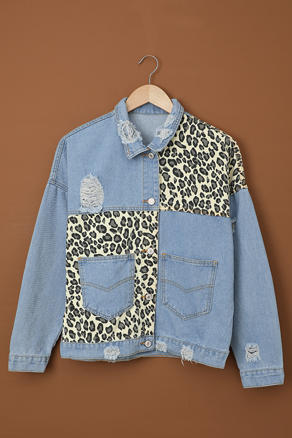 Sky Blue Leopard Splicing Cropped Denim Jacket with Pocket