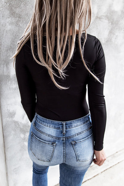 Black Ribbed Lace up Slim Fit Knit Long Sleeve Top