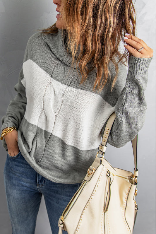 Gray Colorblock Turtleneck Loose Knitted Sweater