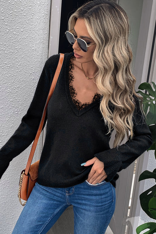 Eyelash V Neck Knitted Sweater
