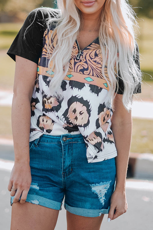 Leopard Pattern Patchwork Zip-up V Neck Short Sleeve T-shirt