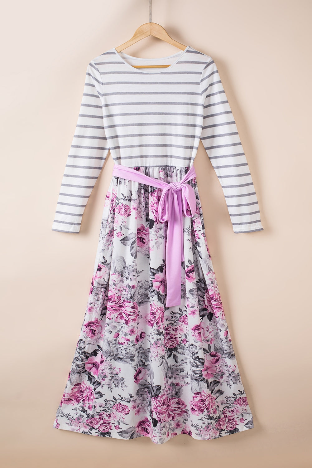Long Sleeve Striped Floral Print Maxi Dress