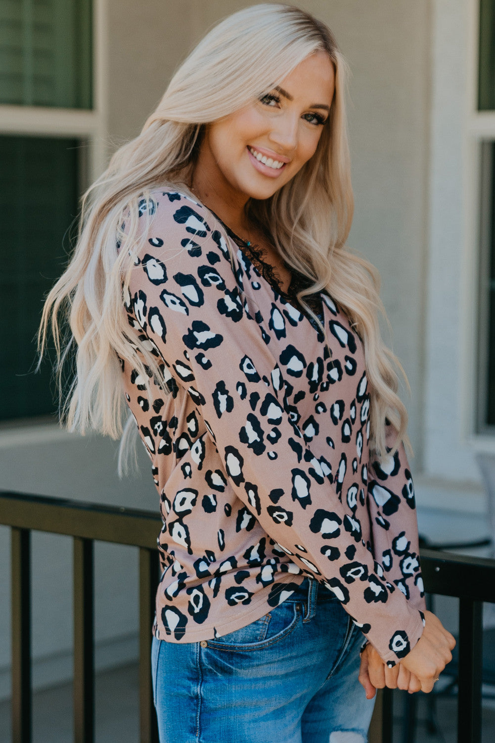 Leopard Print Lace Trim V Neck Top