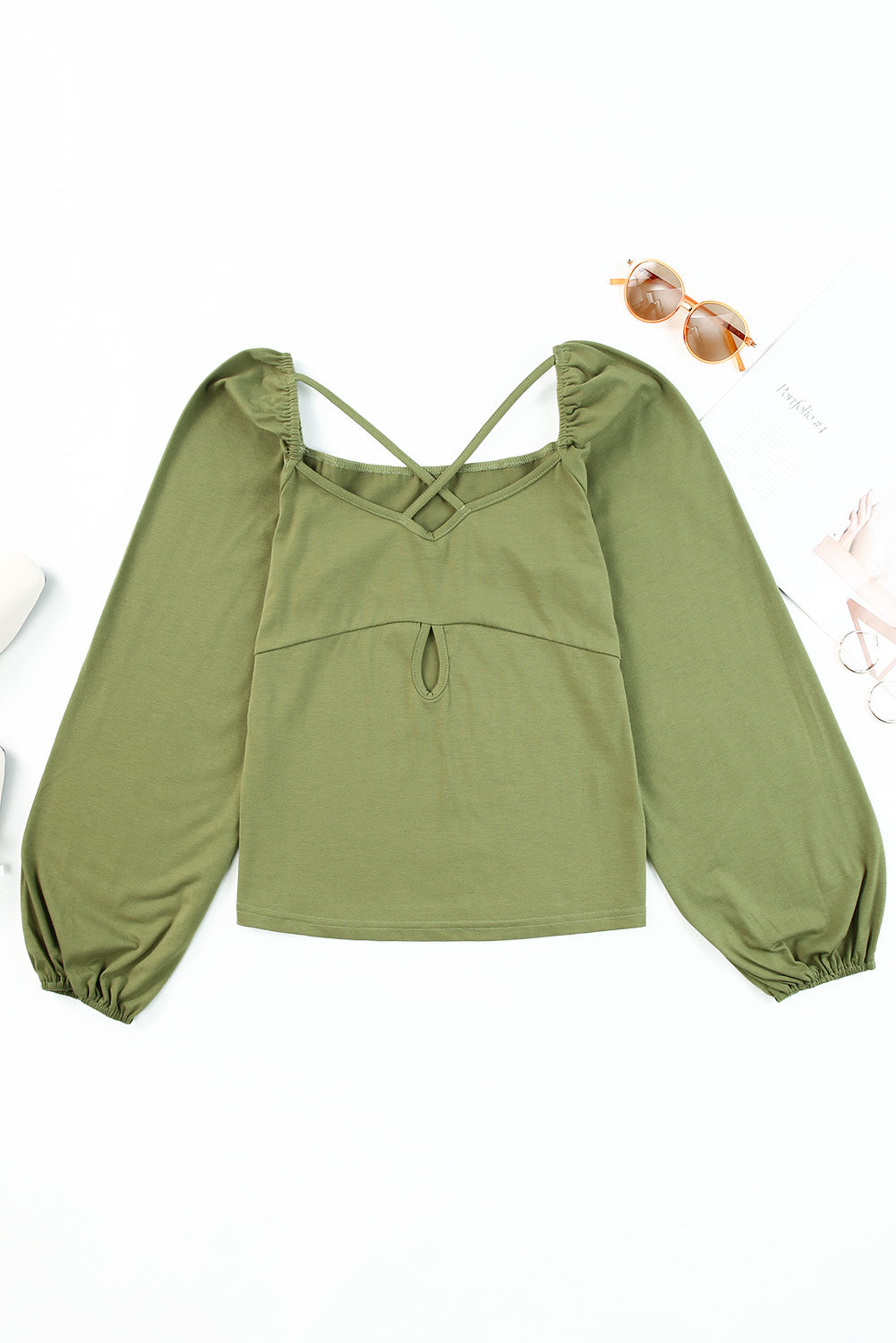 Green Cut Out Criss Cross Sweetheart Neck Long Sleeve Top