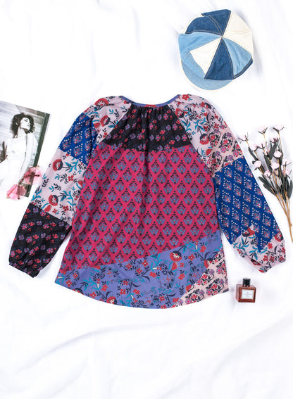 Purple Floral Print Peasant Blouse