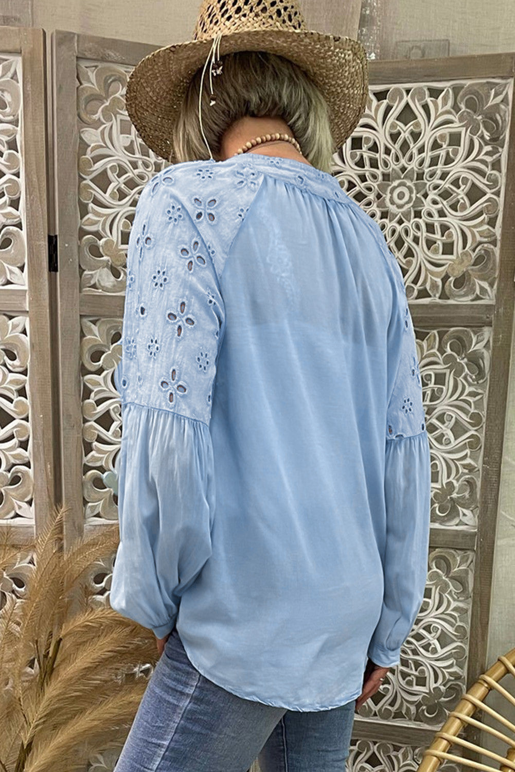 Sky Blue Hollow-out Shoulder V Neck Puff Sleeve Blouse