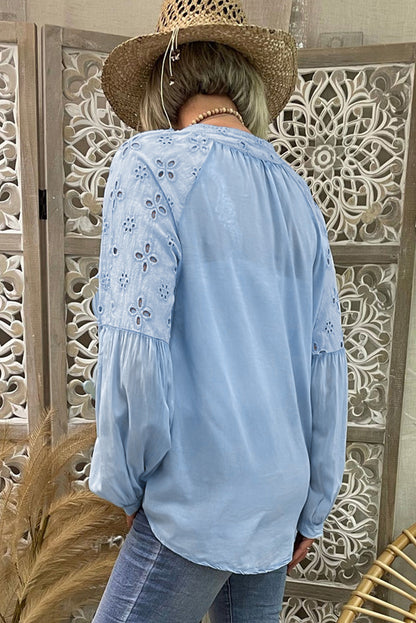 Sky Blue Hollow-out Shoulder V Neck Puff Sleeve Blouse