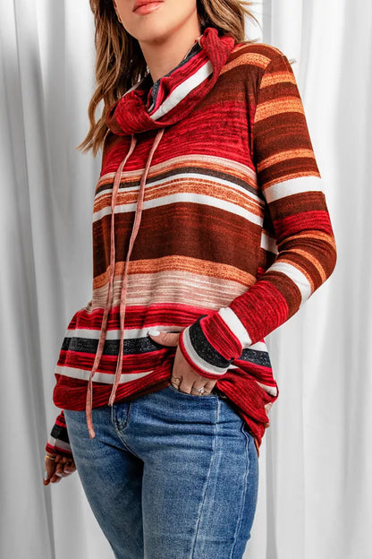 Red Multicolor Cowl Neck Striped Sweatshirt