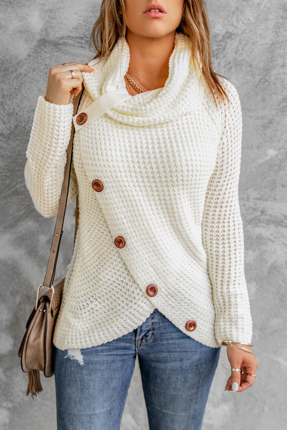 Buttoned Wrap Turtleneck Sweater