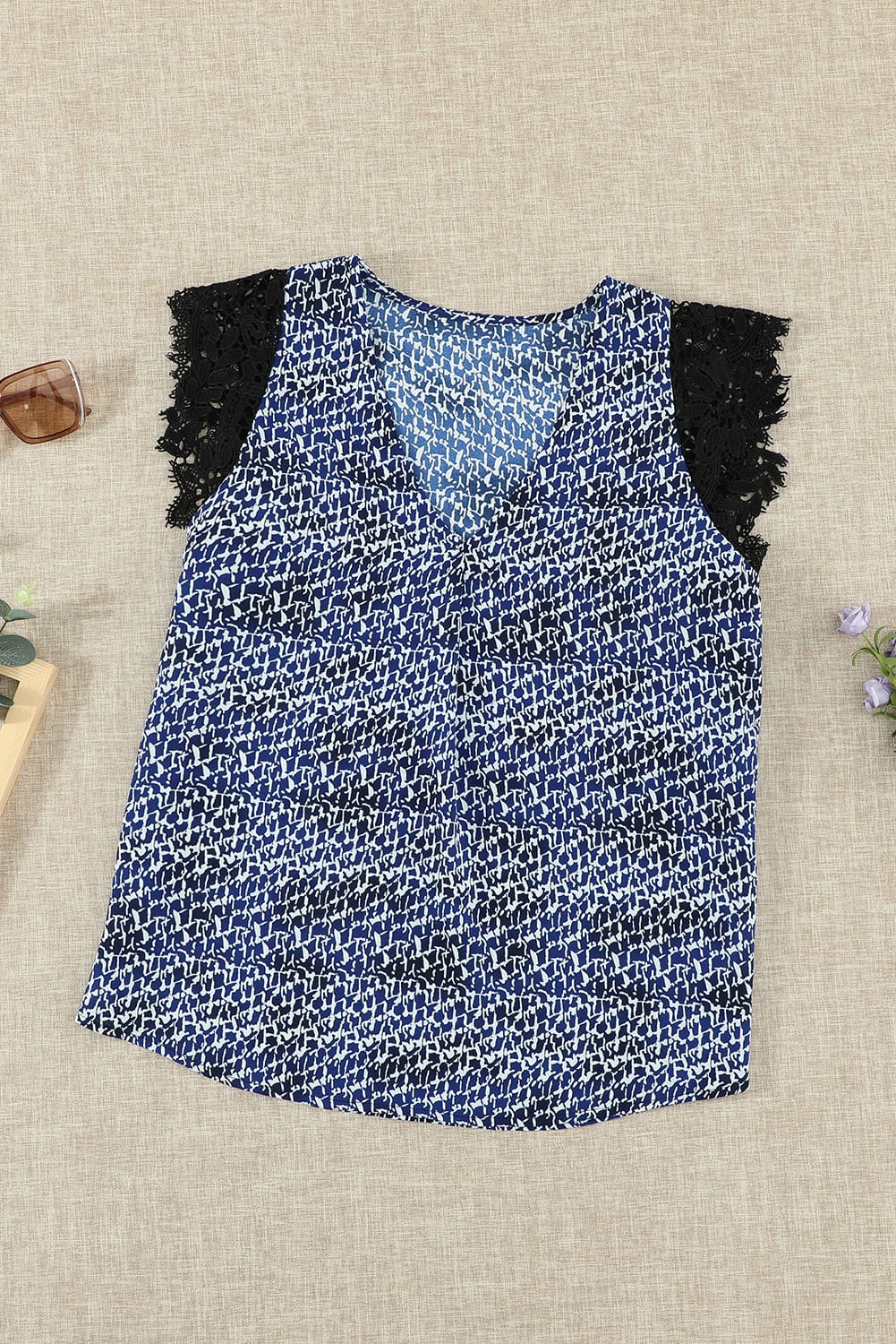 Blue Print Lace Shoulder Tank Top