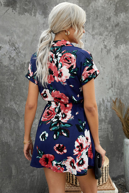 Blue Floral Shirt Collar Short Sleeve Mini Dress