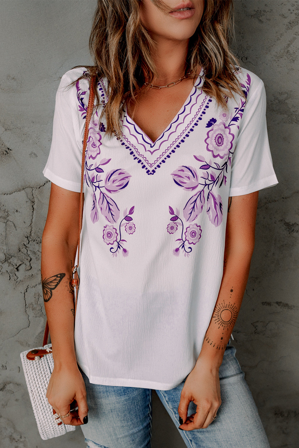 Purple Floral Pattern V Neck Short Sleeve Top