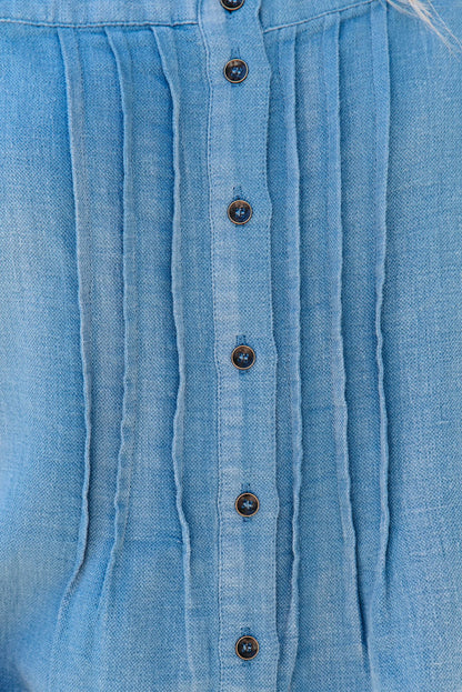 Sky Blue Pleated Buttons Denim Tank Top