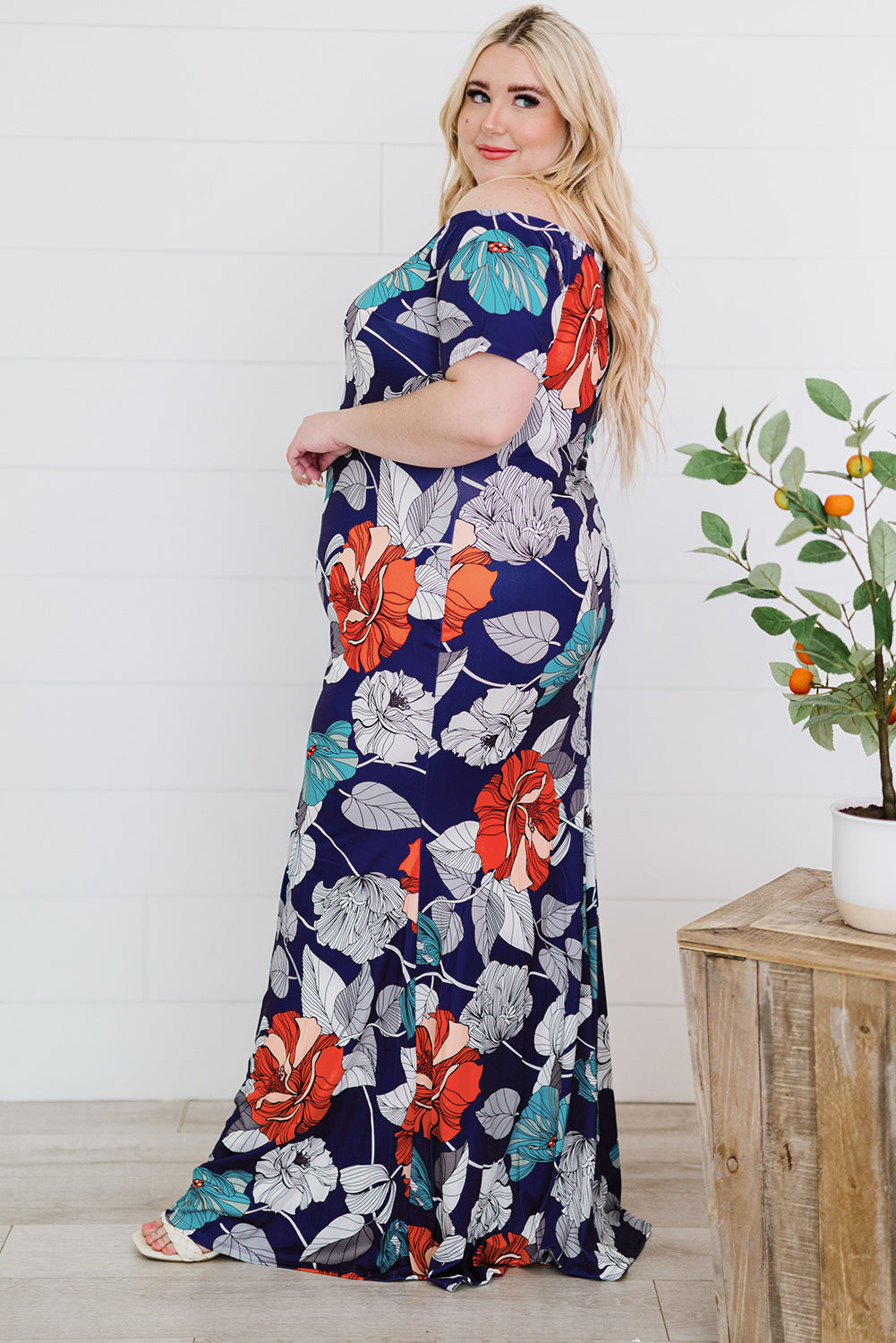 Blue Off-the-shoulder Floral Print Plus size Maxi Dress