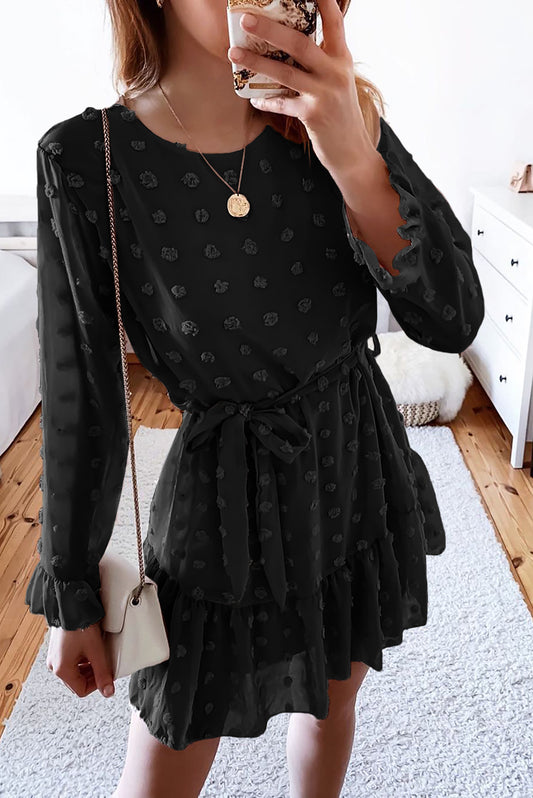 Black Crew Neck Fuzzy Polka Dot Ruffled Mini Dress with Belt
