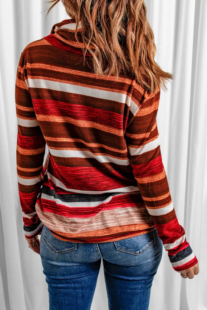 Red Multicolor Cowl Neck Striped Sweatshirt