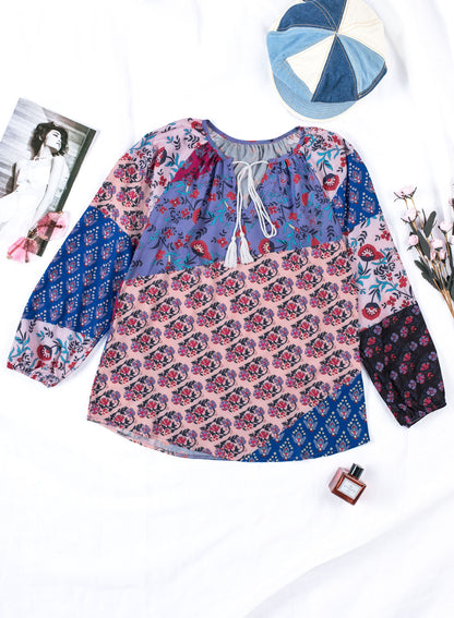 Purple Floral Print Peasant Blouse