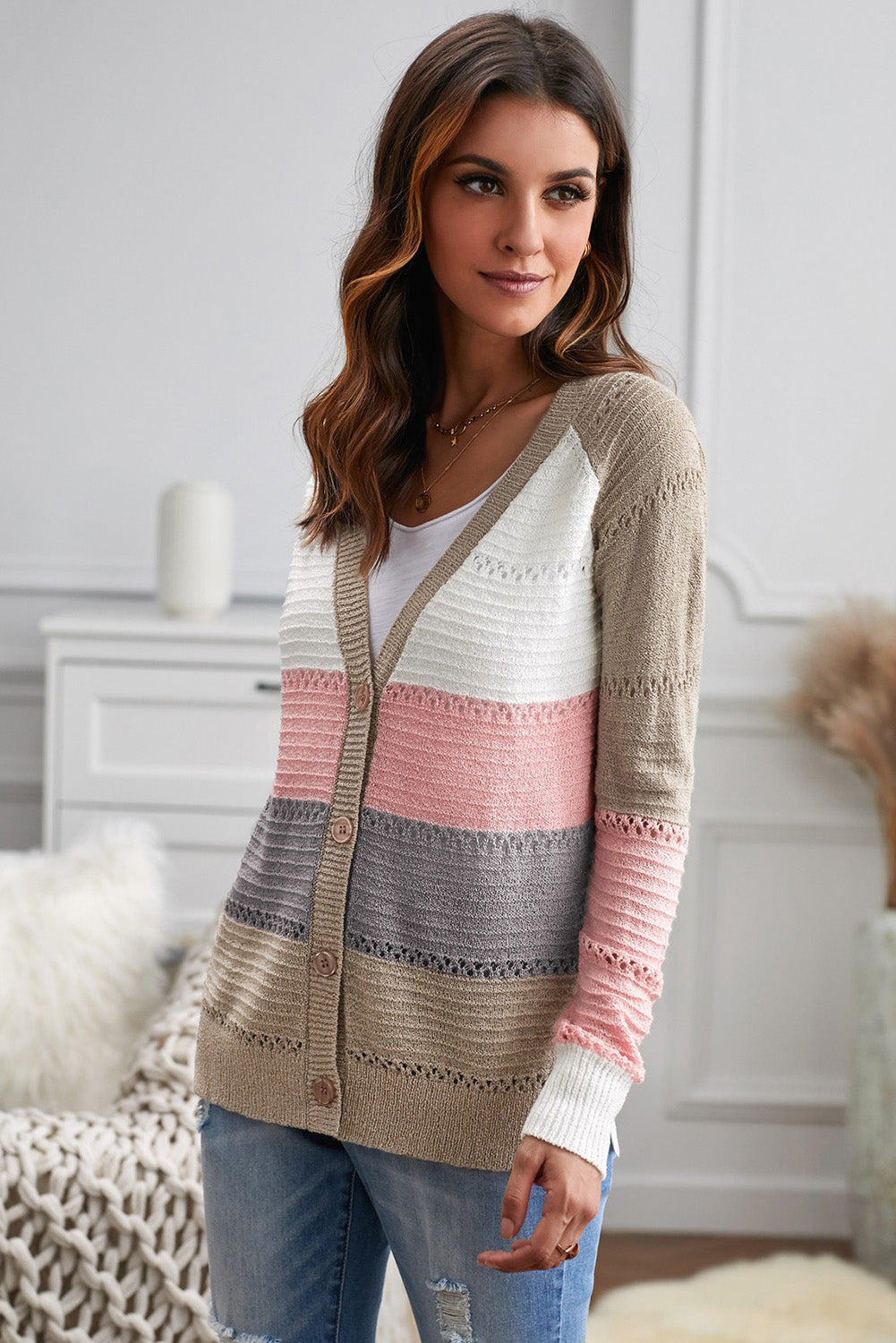 Multicolor V-neck Color Block Button Closure Eyelet Cardigan