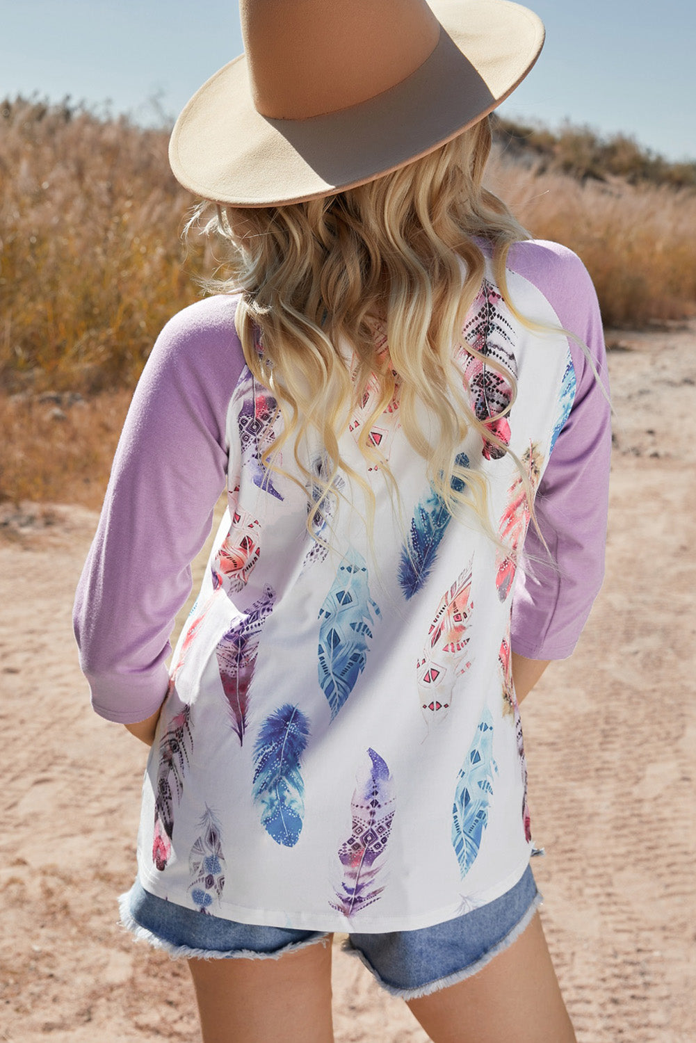 Purple Feather Print 3/4 Raglan Sleeve Top