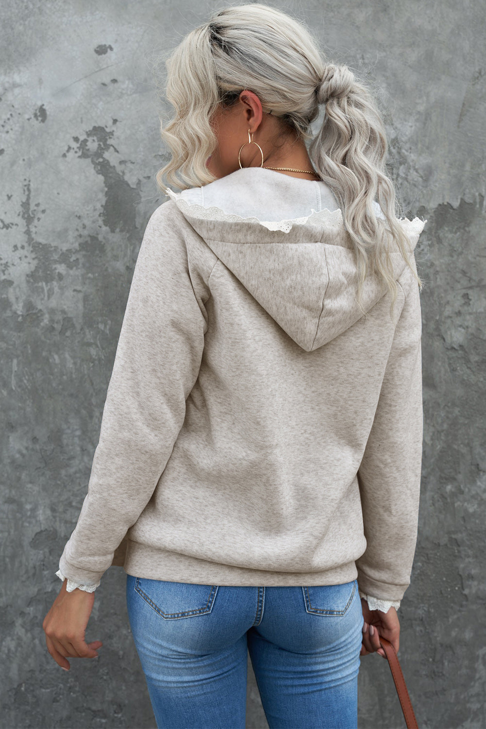 Gray Zip-up Lace Trim Hooded Coat