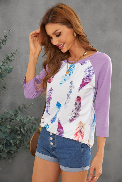 Purple Feather Print 3/4 Raglan Sleeve Top