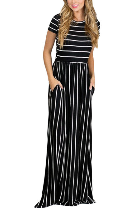 White Striped Short Sleeve Maxi Dress