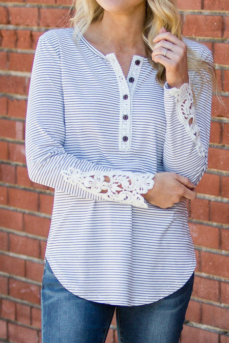 Round Neck Lace-cut Stripe Long Sleeve Top