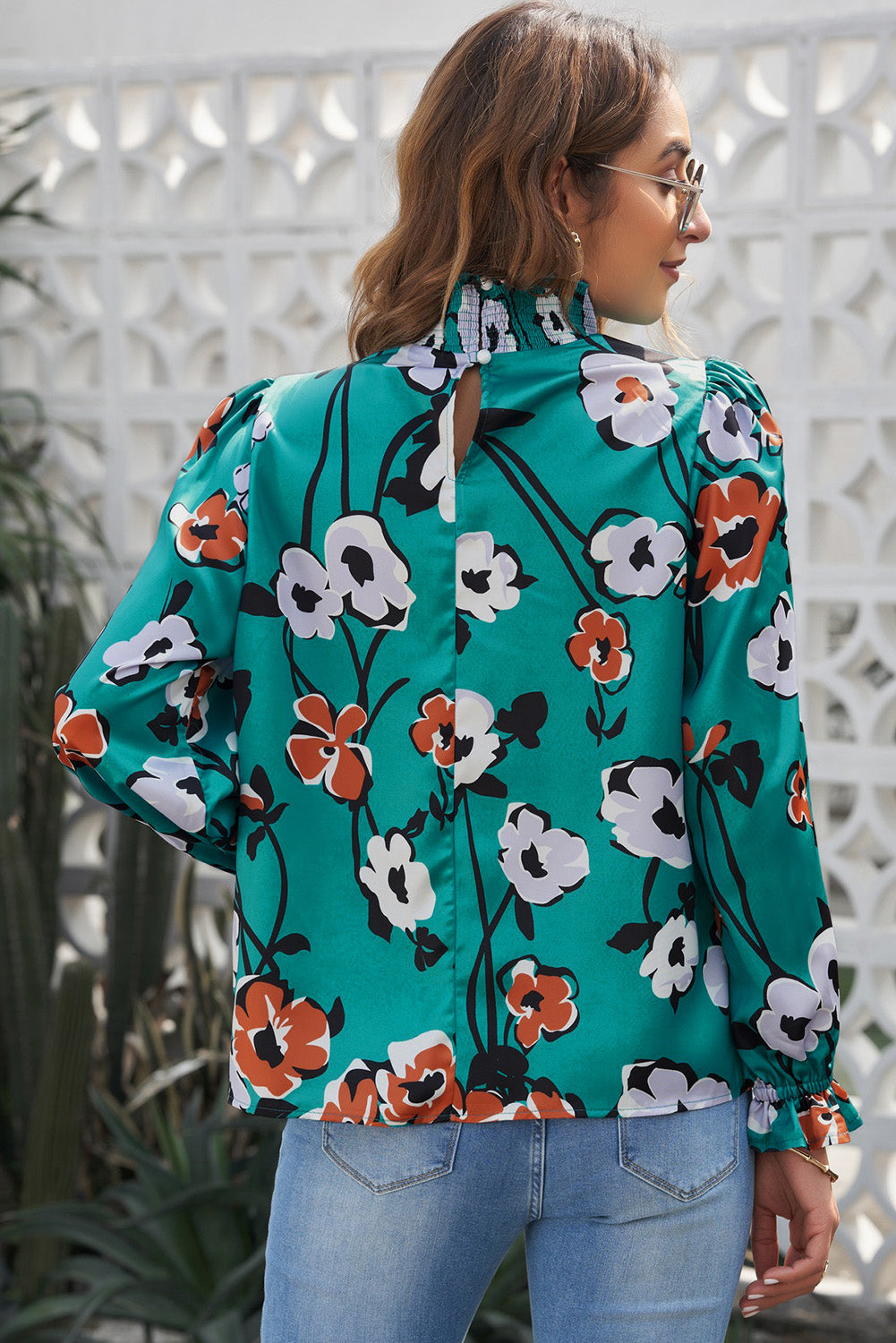 Floral Print Mock Neck Button Front Shirt main image 1