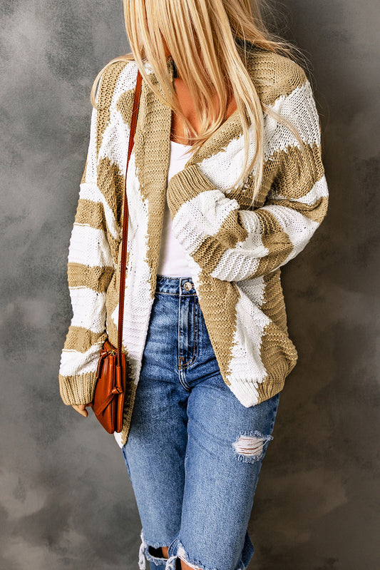 Khaki Color Block Open Front Knitted Cardigan