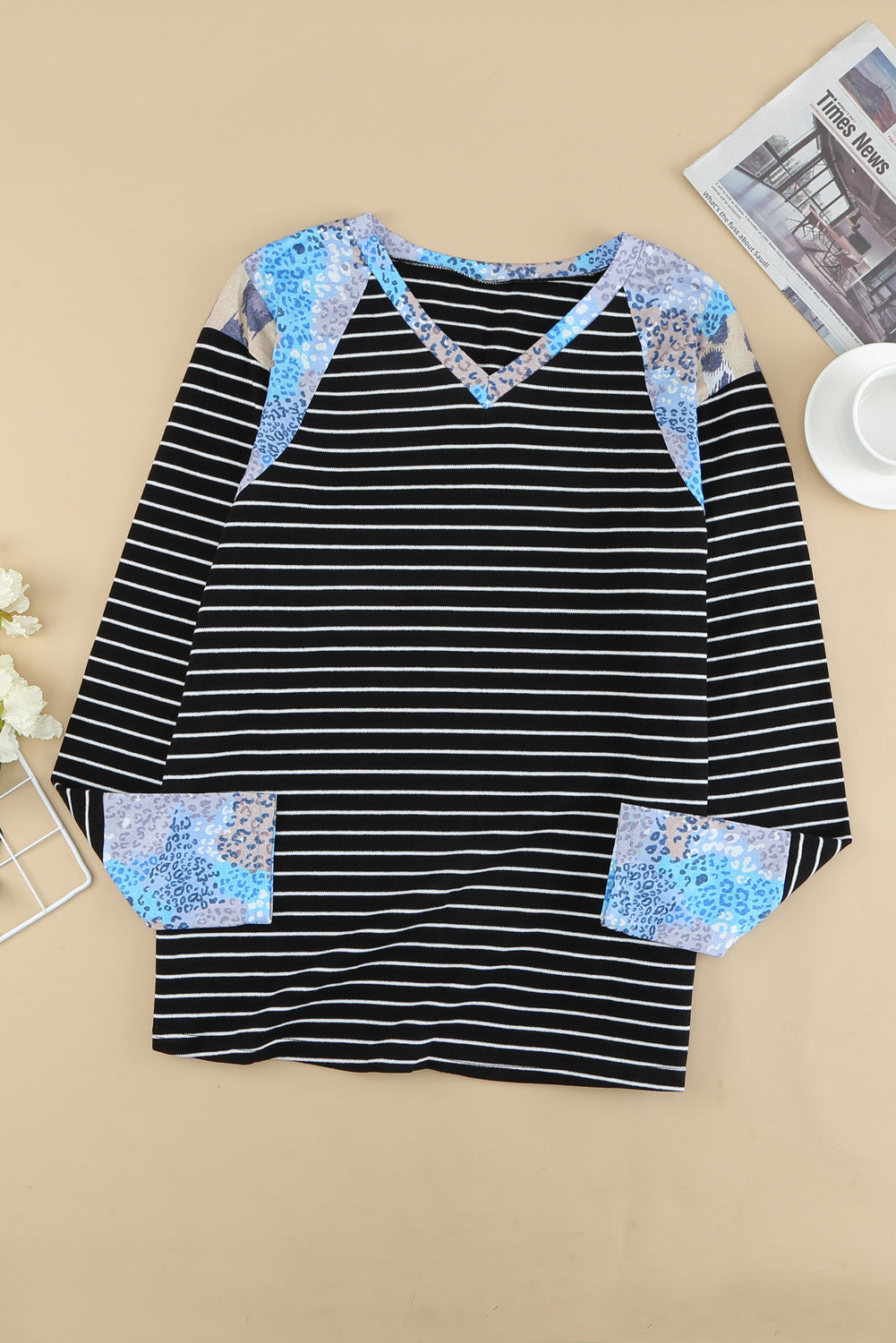 Leopard Stripe Splicing V Neck Long Sleeve Top