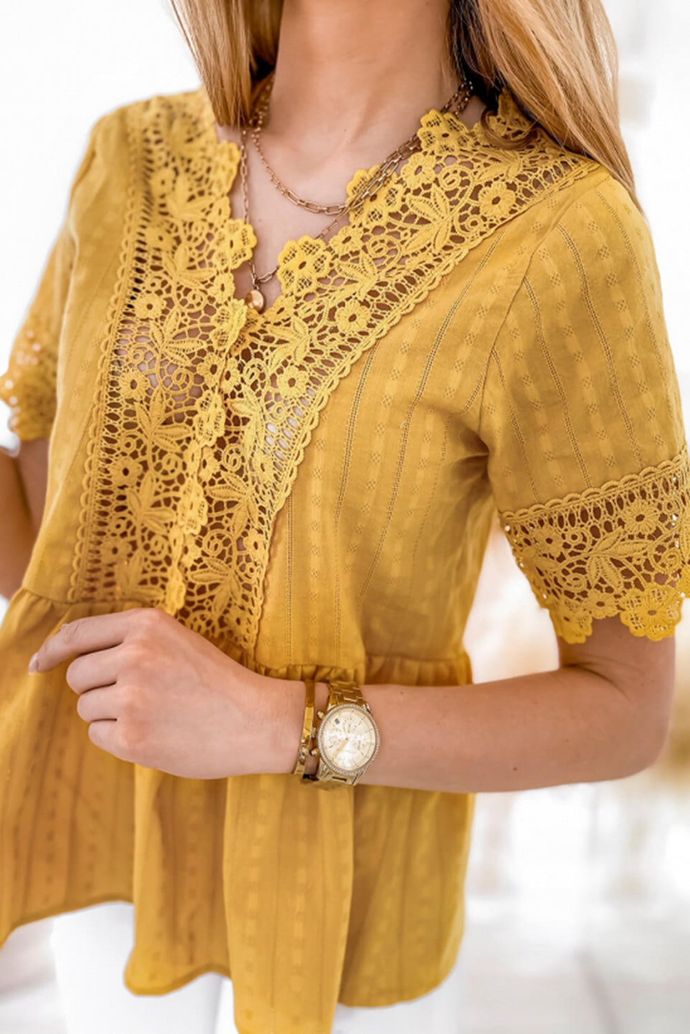 Yellow Lace Splicing V Neck Short Sleeve Shirt