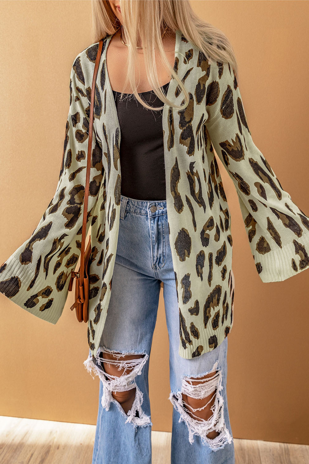 Leopard Print Bell Sleeve Open Front Knitted Cardigan
