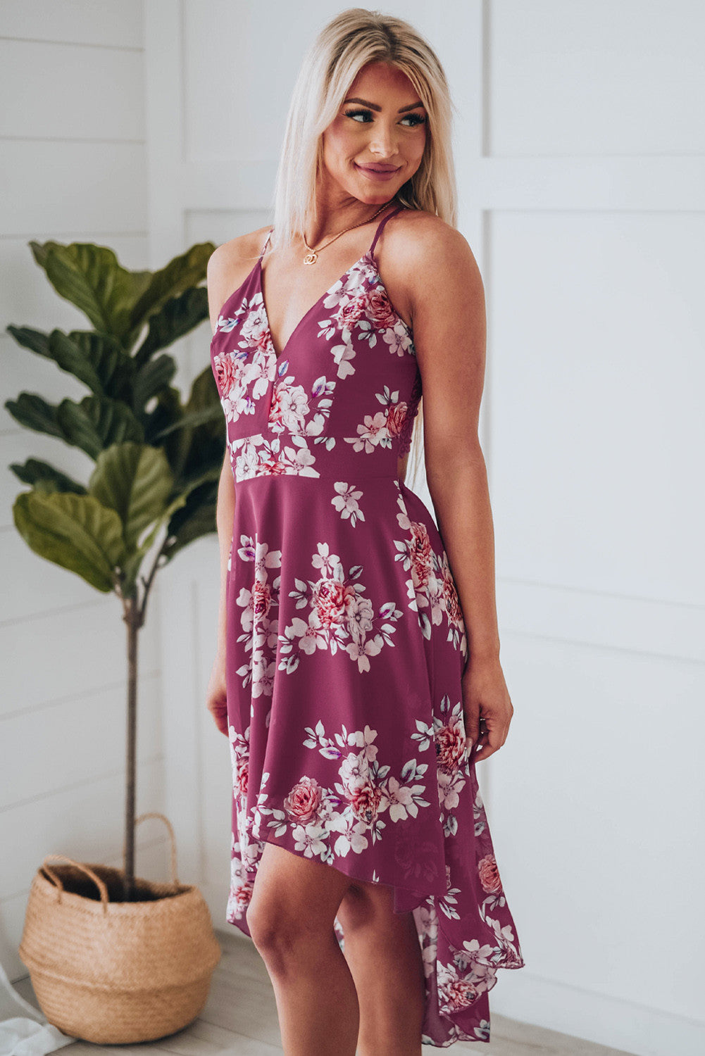 Burgundy Floral High-low Dress with Lace Back