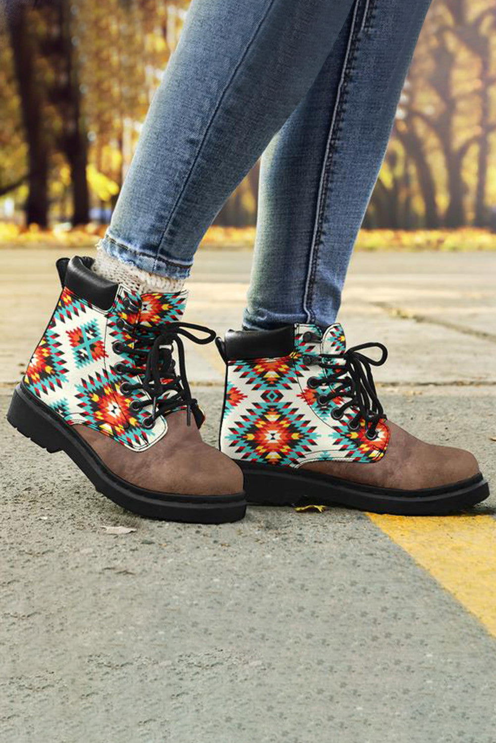 Aztec Pattern Patchwork Flat Ankle Boots