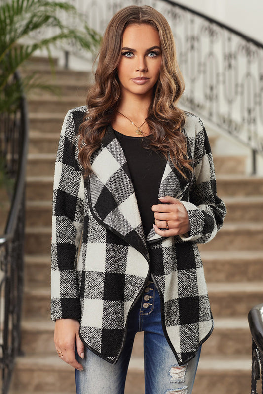 Black Plaid Long Sleeve Asymmetric Collar Open Front Coat