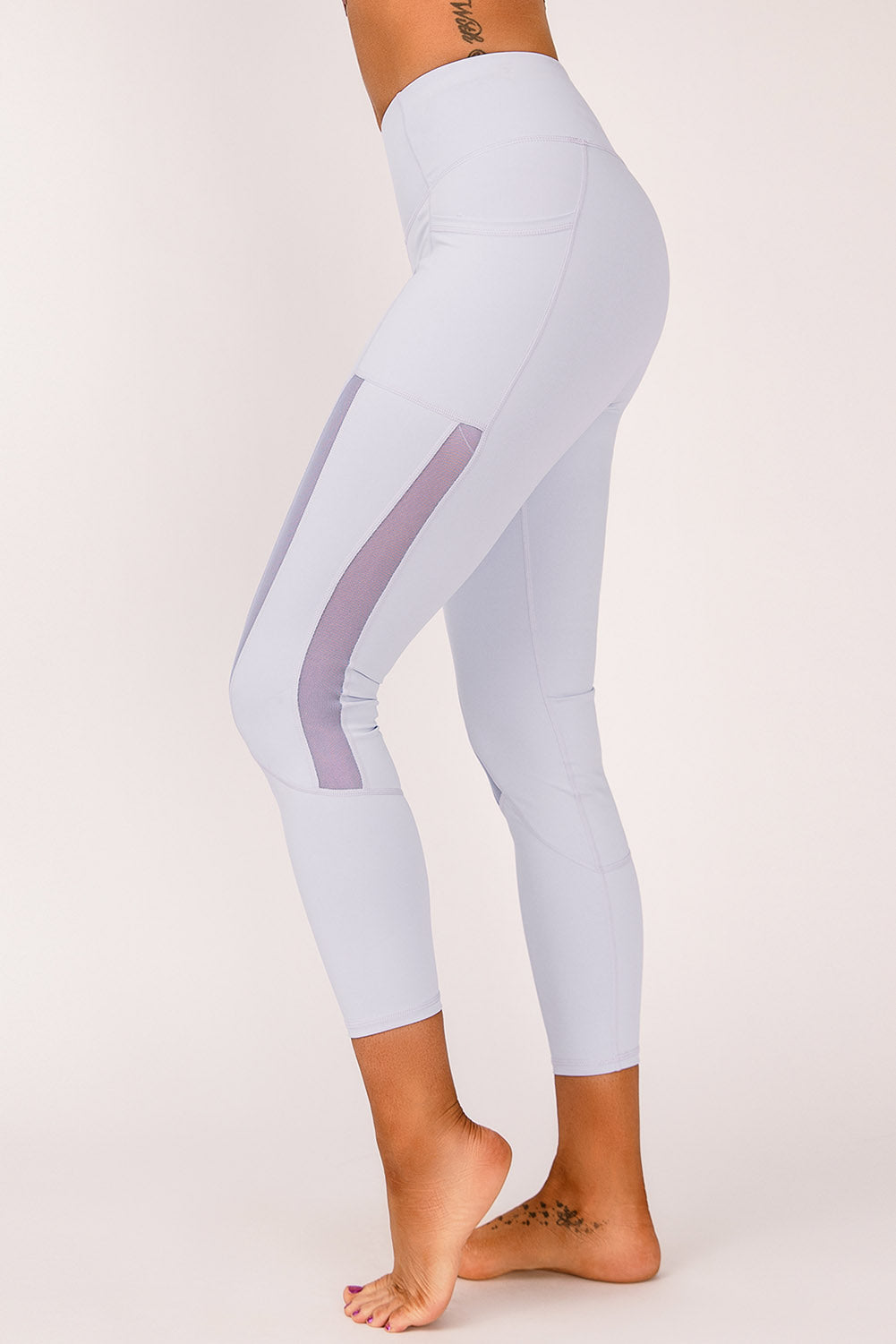 Gray Mesh Side Splicing High Waist Yoga Sports Leggings with Phone Pocket