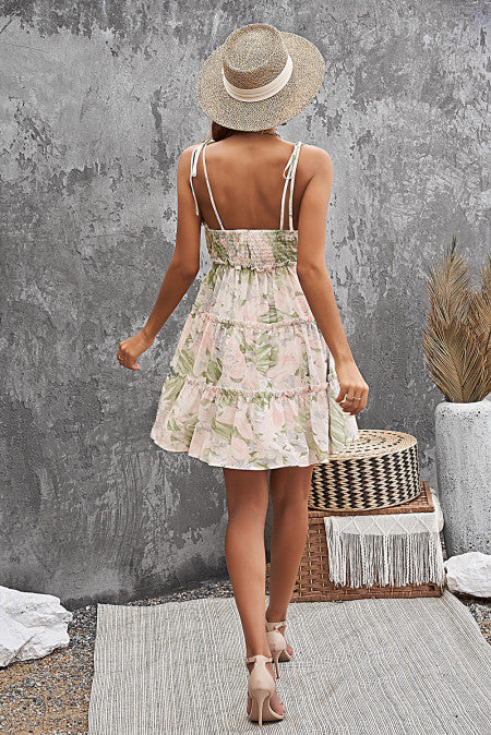 Green Spaghetti Straps Tiered Babydoll Ruffled Floral Dress