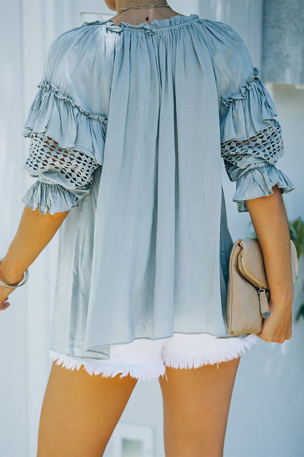 Sky Blue Split Neck Crochet Peasant Blouse