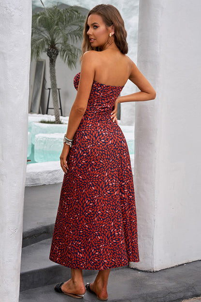 Red Bohemian Bandeau Floral Print Maxi Dress