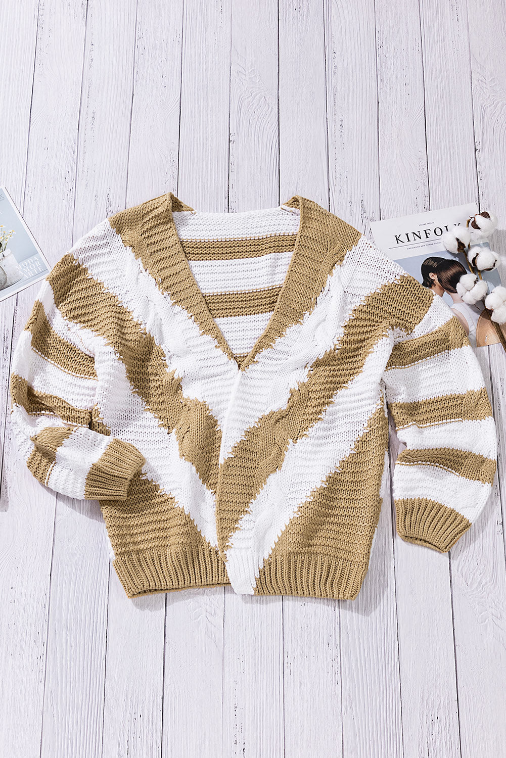 Khaki Color Block Open Front Knitted Cardigan