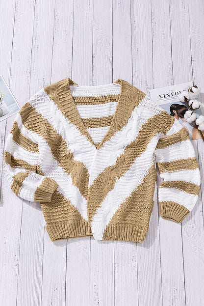 Khaki Color Block Open Front Knitted Cardigan