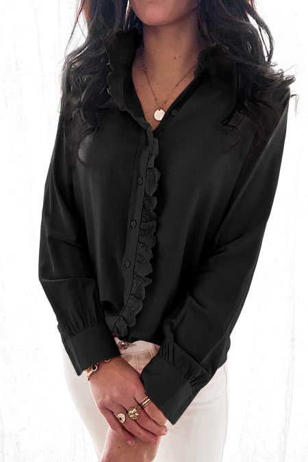 Solid Color Lace Frilled Trims Long Sleeve Shirt