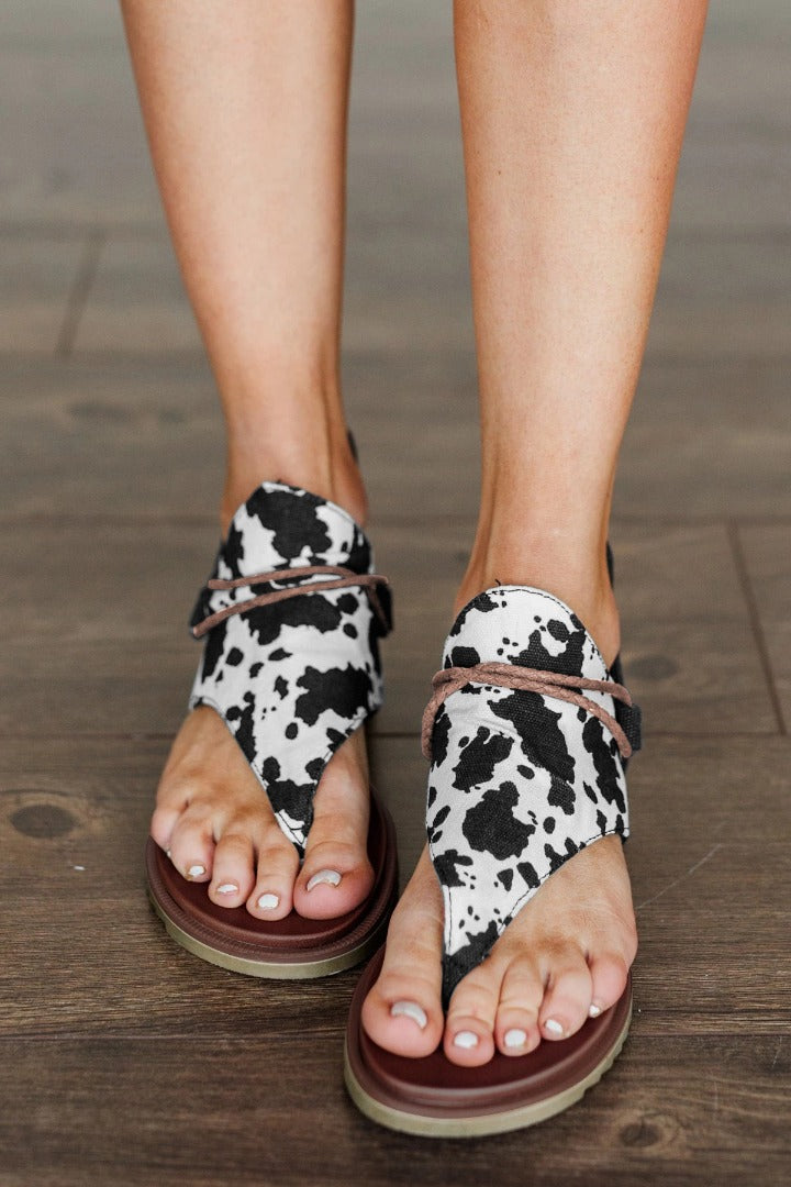 Cow Print Flip-Flops Hemp Rope Zipper Sandal
